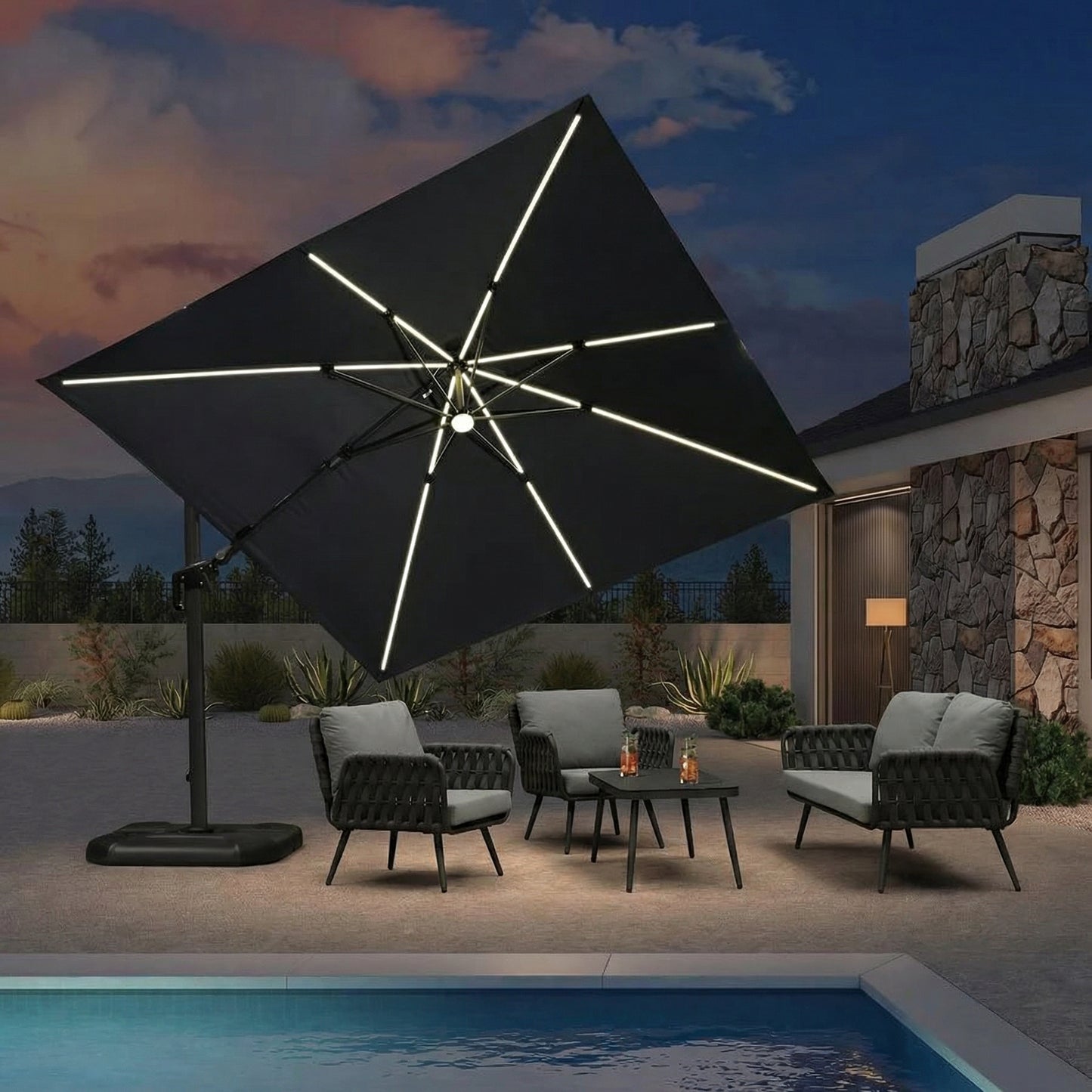 Large Outdoor Patio Umbrella with Built-In Lighting – Wind-Resistant Double-Pole Design for Garden, Villa & Commercial Use